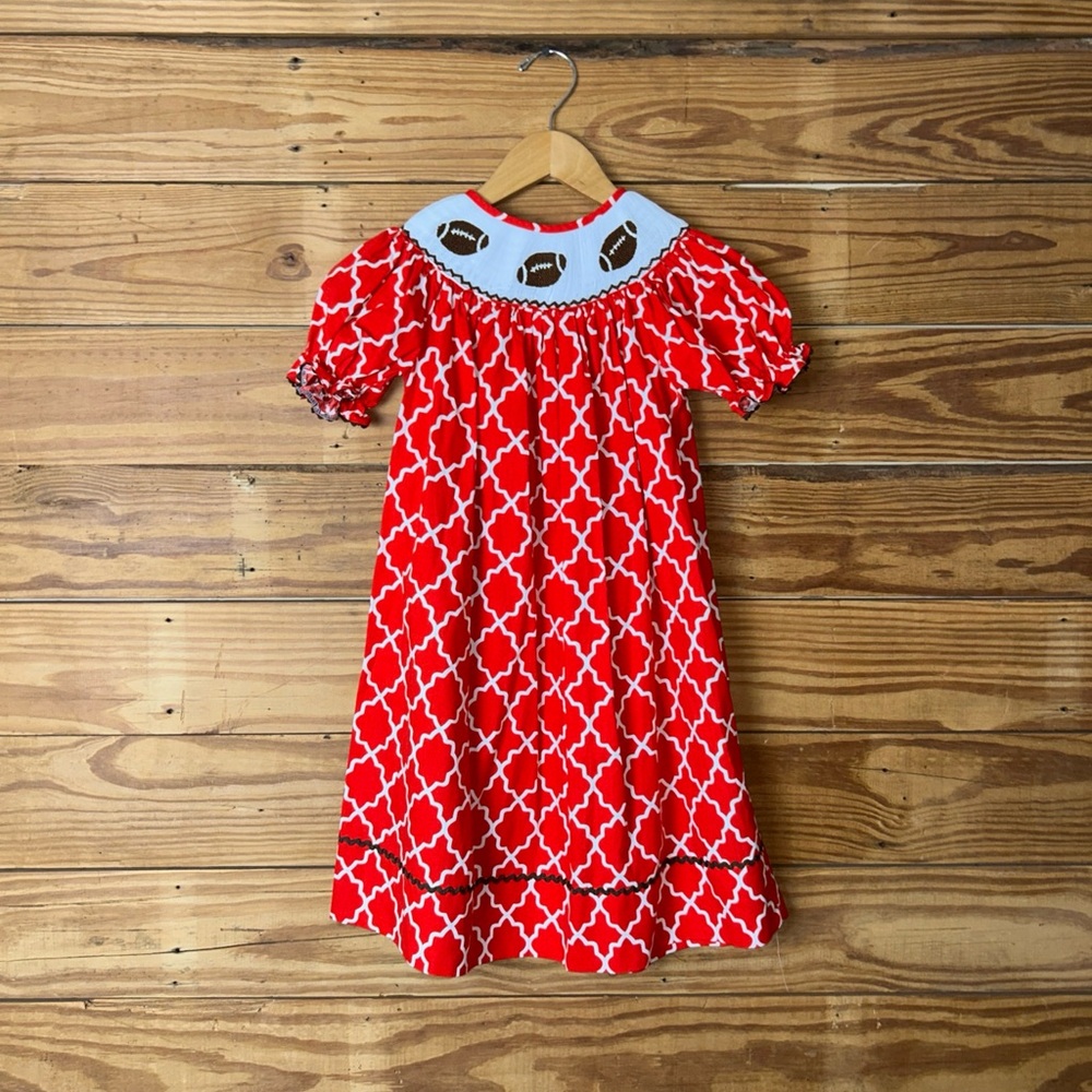 Girls' Red Smocked Football Yoke Casual Dress